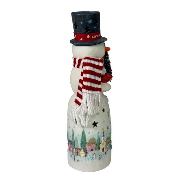 2012 Hallmark Snowman Tea Light Holder With Christmas Village Scene & Scarf - Picture 5 of 6